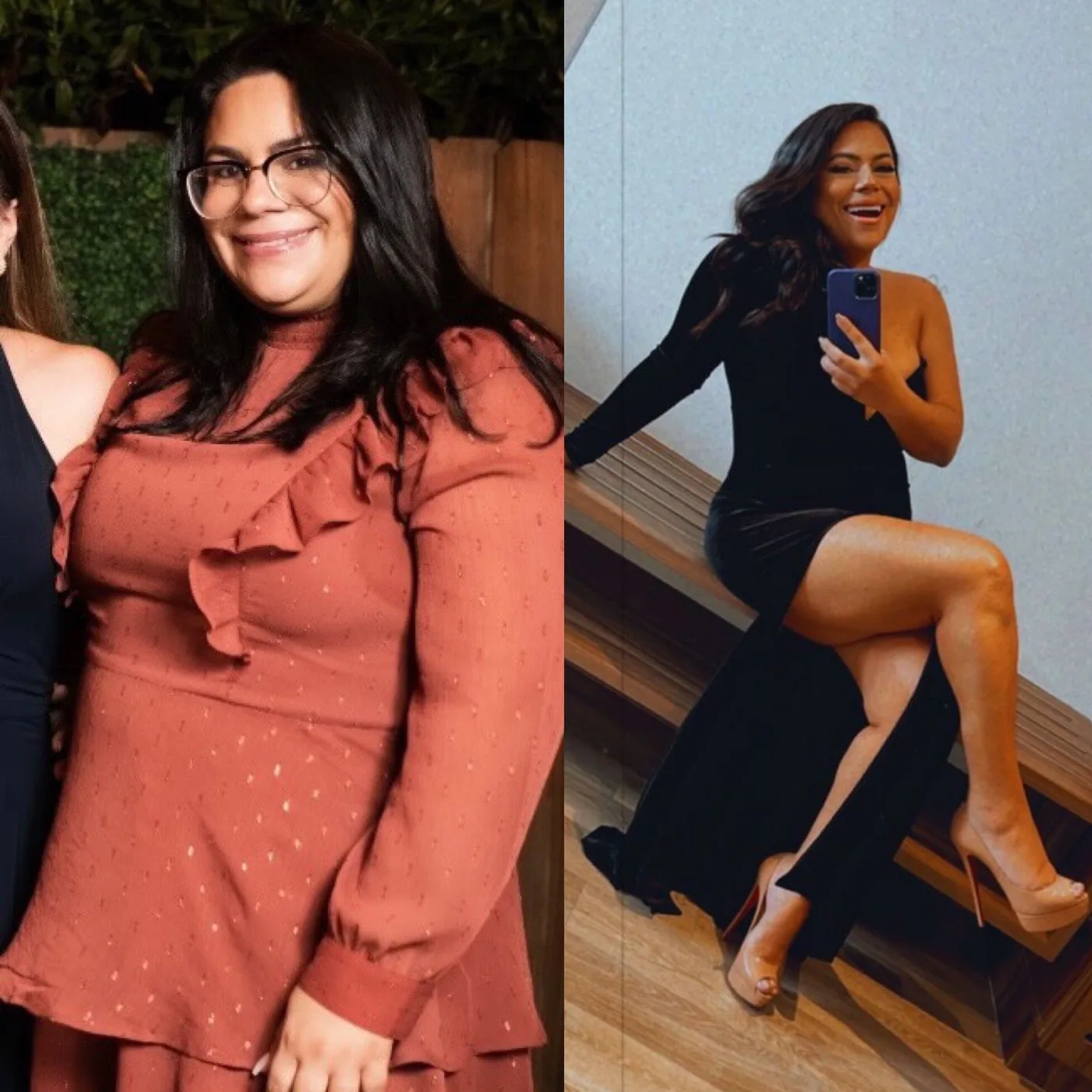 Miami VIP Surgery weight loss surgery patient, before in a rust dress and after in a black evening gown